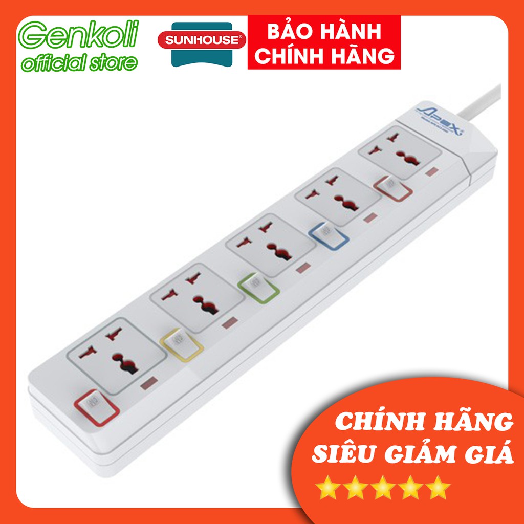 [GIÁ RẺ SỐ 1] Ổ điện cao cấp APEX OC2-5RD (SUNHOUSE), ổ cắm điện 5 lỗ, dây dài 4,5m - Bảo hành chính hãng