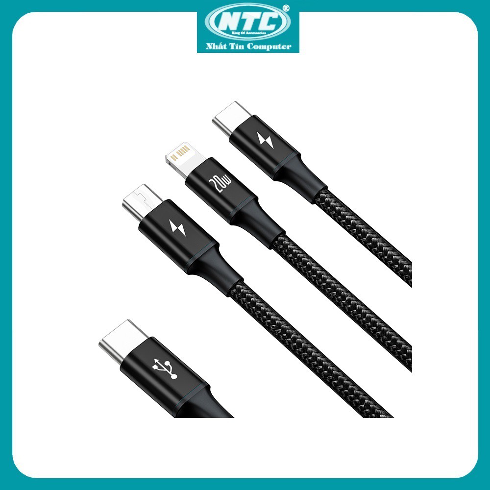 Cáp sạc 3 đầu và truyền Data Baseus Rapid Series CAMLT-SC 20W dài 1.5m TypeC to TypeC / Lightning / MicroUSB