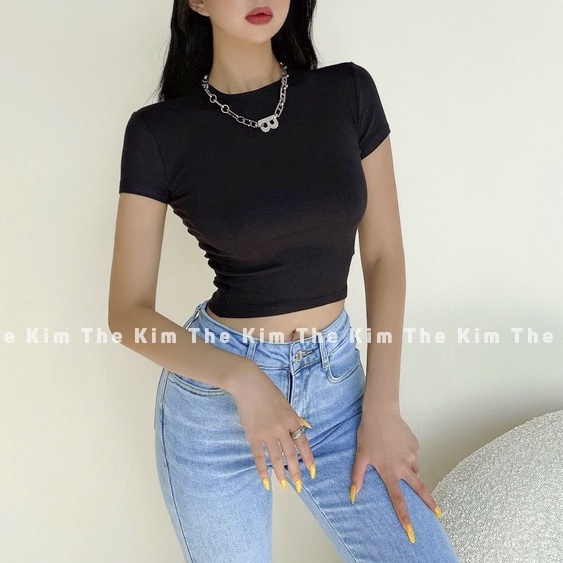 Áo thun croptop tay ngắn cổ tròn The Kim, áo baby tee thun tăm trơn A166