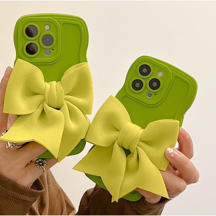 Ốp lưng i phone H4 gợn sóng gắn nơ vải 4 màu 7plus/8plus/x/xr/xs/11/12/13 pro/max/plus/promax- Dino case - Dt22
