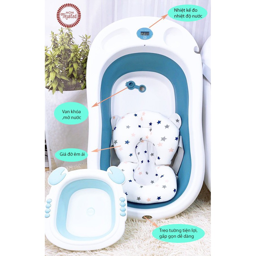 Chậu tắm gấp gọn kèm phao và nhiệt kế đo nước Mom Trusted chính hãng ( màu hồng/xanh )