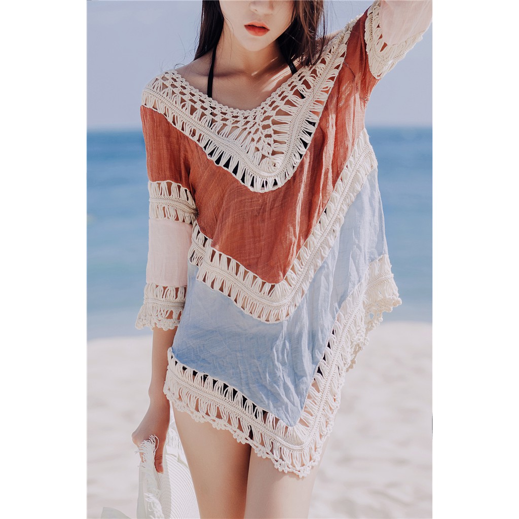 Áo trùm móc len đi biển (cam đất pha xanh)