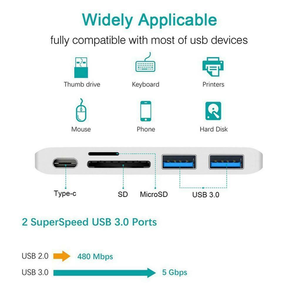 Bộ Hub Chia Cổng Usb C 5 Trong 1 + 2 Cổng Usb 3.0 + Đầu Đọc Thẻ Nhớ Sd / Micro Sd Cho Macbook Pro