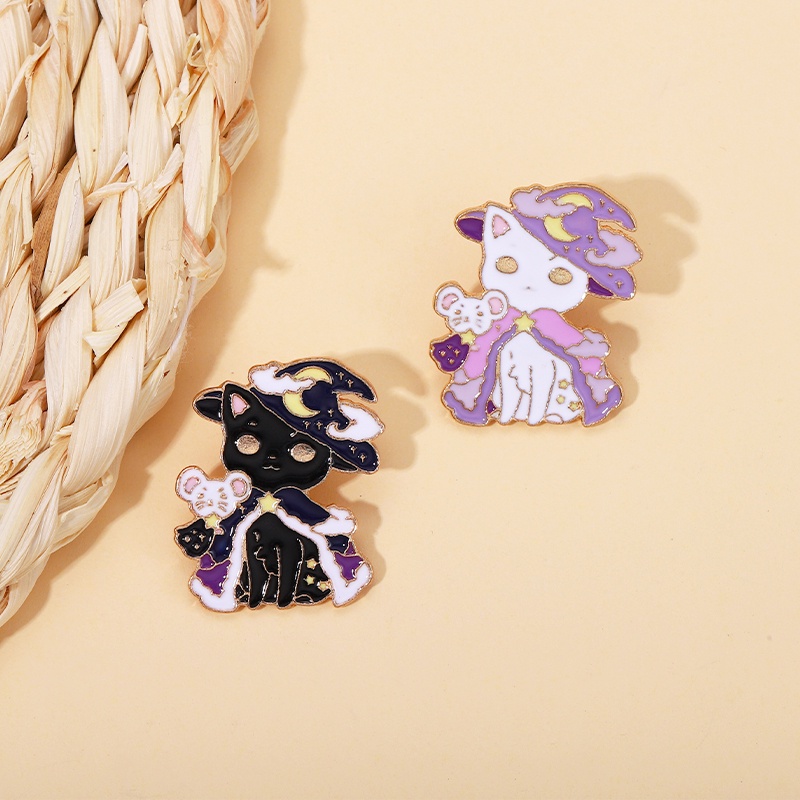 Ghim cài áo QIHE JEWELRY hình mèo ma thuật halloween và chuột tráng men làm quà tặng cho bạn bè