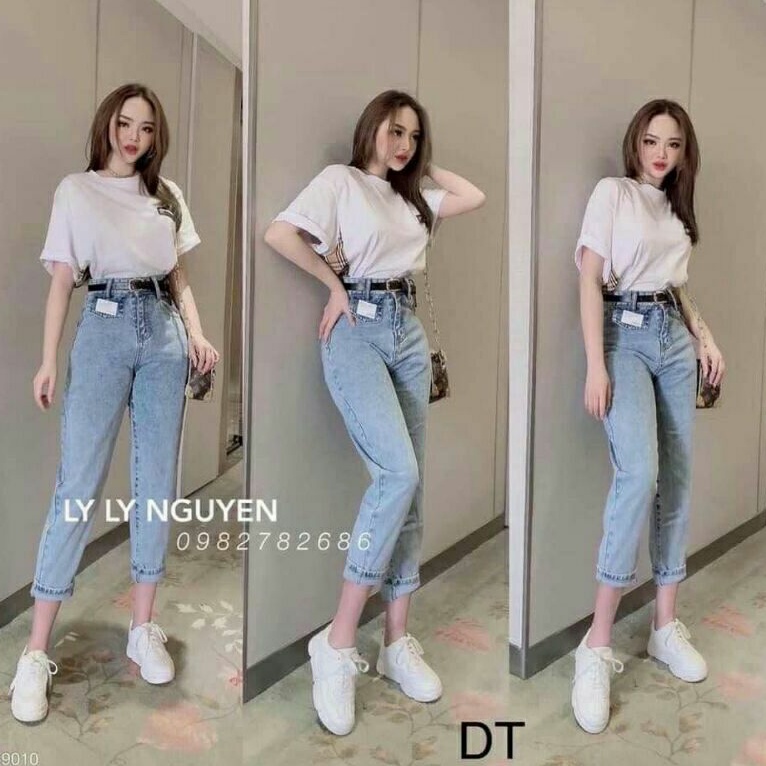 QUẦN BÒ  NỮ BAGGY HAI KHUY DÁNG DÀI, Quần Bò Nữ Baggy Trơn Hàng Loại 1