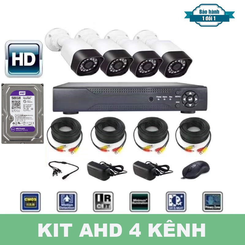 Bộ Kit Camera giám sát AHD HD - Trọn Bộ Camera AHD 4 Kênh + Ổ Cứng Lưu Trữ 500GB