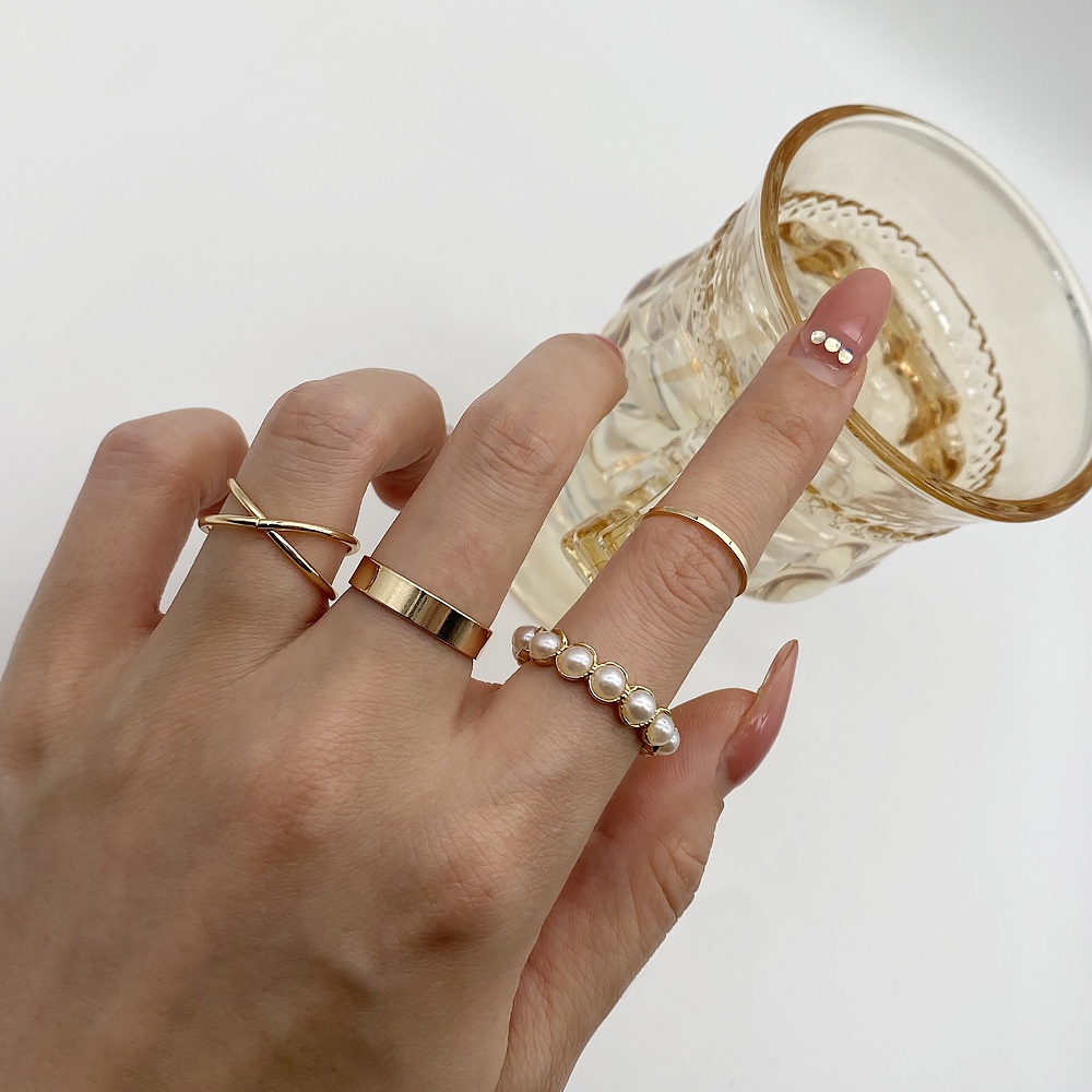 Set 4 Nhẫn Đeo Tay Đính Ngọc Trai Giả Thời Trang Cho Nữ