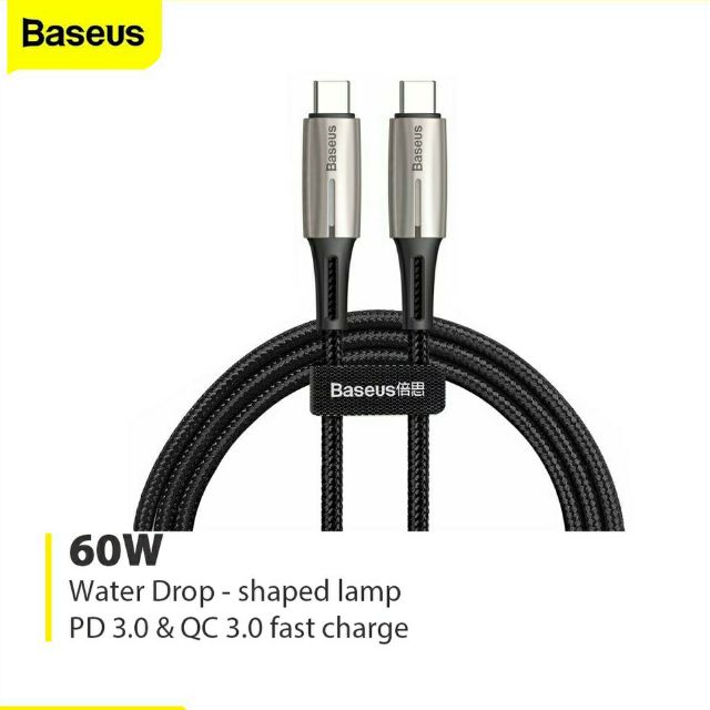 Cáp sạc Baseus Water Drop (3A, 20V, 60W, PD, QC3.0) dài 1m và 2m chuẩn Type C to C hỗ trợ báo đèn cho Samsung