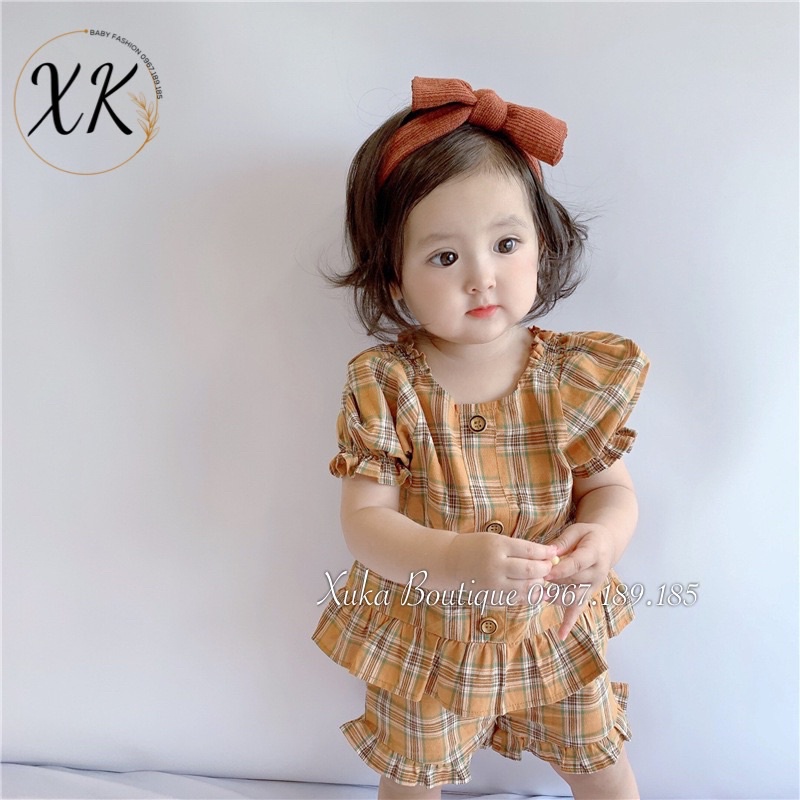 Bộ Quần Áo Cộc Tay Bé Gái Kẻ Nâu Vàng Cực Tây 0-2 Tuổi Xuka Boutique Set Quần Áo Trẻ Em 2022