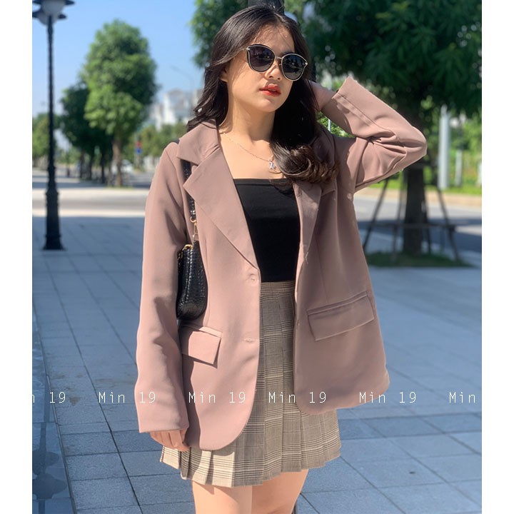 Áo vest nữ blazer công sở 2 lớp Hàn Quốc trơn dáng rộng tay dài túi nắp kiểu bigsize cá tính màu đen be nâu thời trang