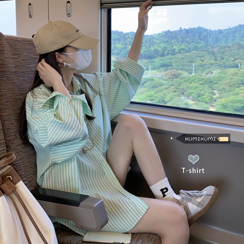 Áo Sơ Mi Chống Nắng Dáng Rộng Họa Tiết Sọc Thời Trang Phong Cách Hàn Quốc Cho Nữ