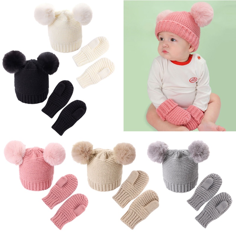 Mũ Beanie + Găng Tay Dệt Kim Thời Trang Mùa Đông Cho Bé Sơ Sinh 0-3 Tuổi