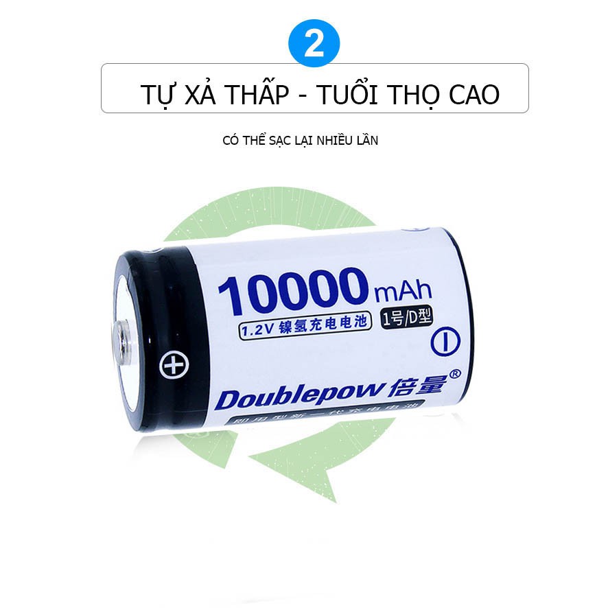 [Hộp 02 viên] Pin đại sạc lại số 1 Size D 10000 mAh Ni-Cd - Doublepow - loại cao cấp, dung lượng thực