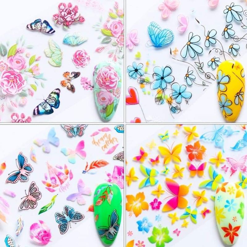 Set 10 tấm phôi hoa hoặc bướm trắng trí móng nail