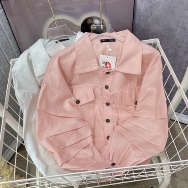 Áo Khoác Kaki Dáng Ngắn Tay Xếp Li Dáng Rộng Áo Bomber Jackets