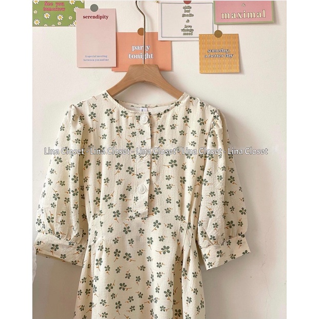 [Ảnh thật] Đầm - Váy hoa nhí cỏ 4 lá cổ tròn tay bồng thắt nơ tiểu thư