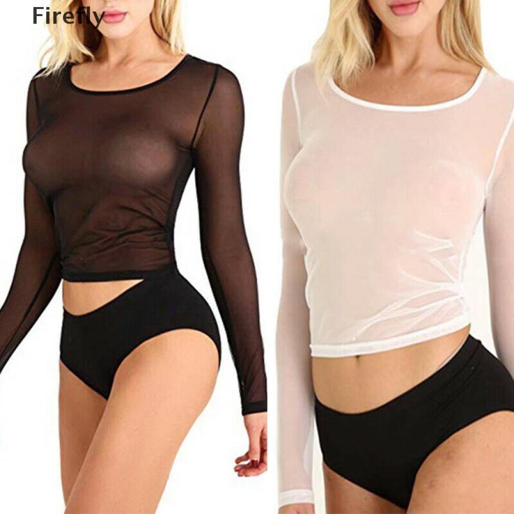 Áo Croptop Tay Dài Phối Lưới Kiểu Dáng Quyến Rũ