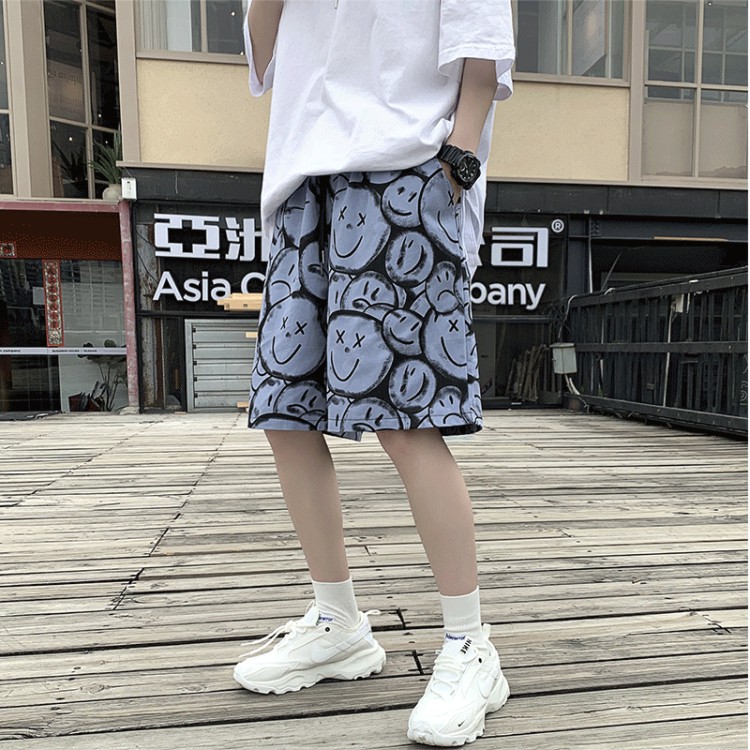 Quần short nam ống rộng in hình mặt cười phong cách hip hop cá tính thời trang