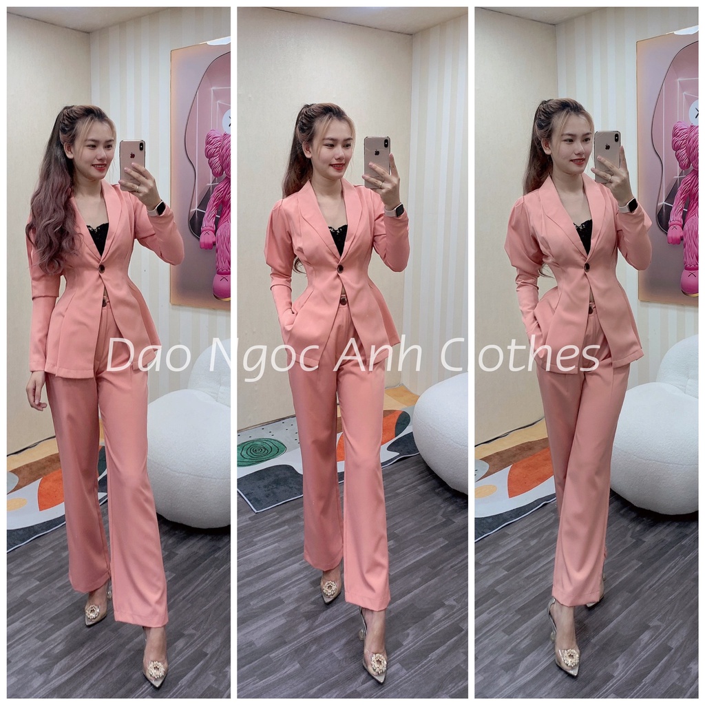 Set vest tay dài một nút chít eo kèm quần tây chất kaki thun siêu thoáng mát, thoải mái