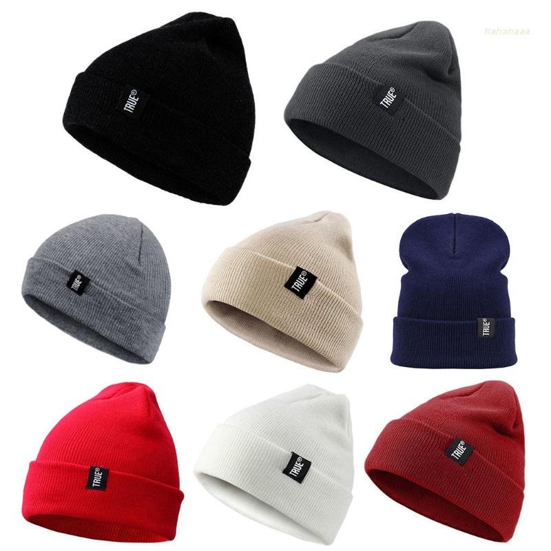 Mũ beanie cotton dệt kim màu trơn in chữ giữ ấm tai mùa đông dành cho nam và nữ