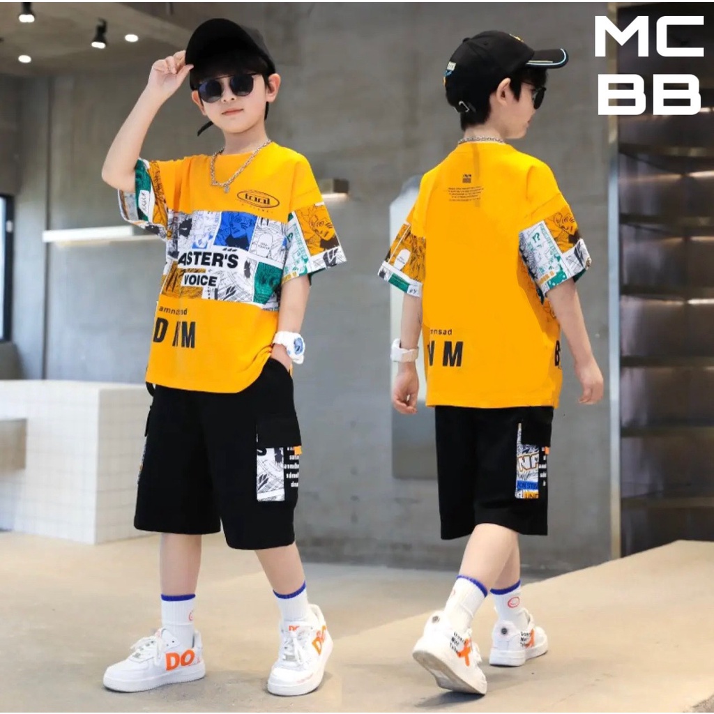 MCBB - 49-60 Kg 100% Vải Cotton Đồ Bộ Cộc Tay Nam Bé Trai & Ba HipHop Áo Thun Nam Quần Shorts Lửng Đùi Phông Quần Áo Nam
