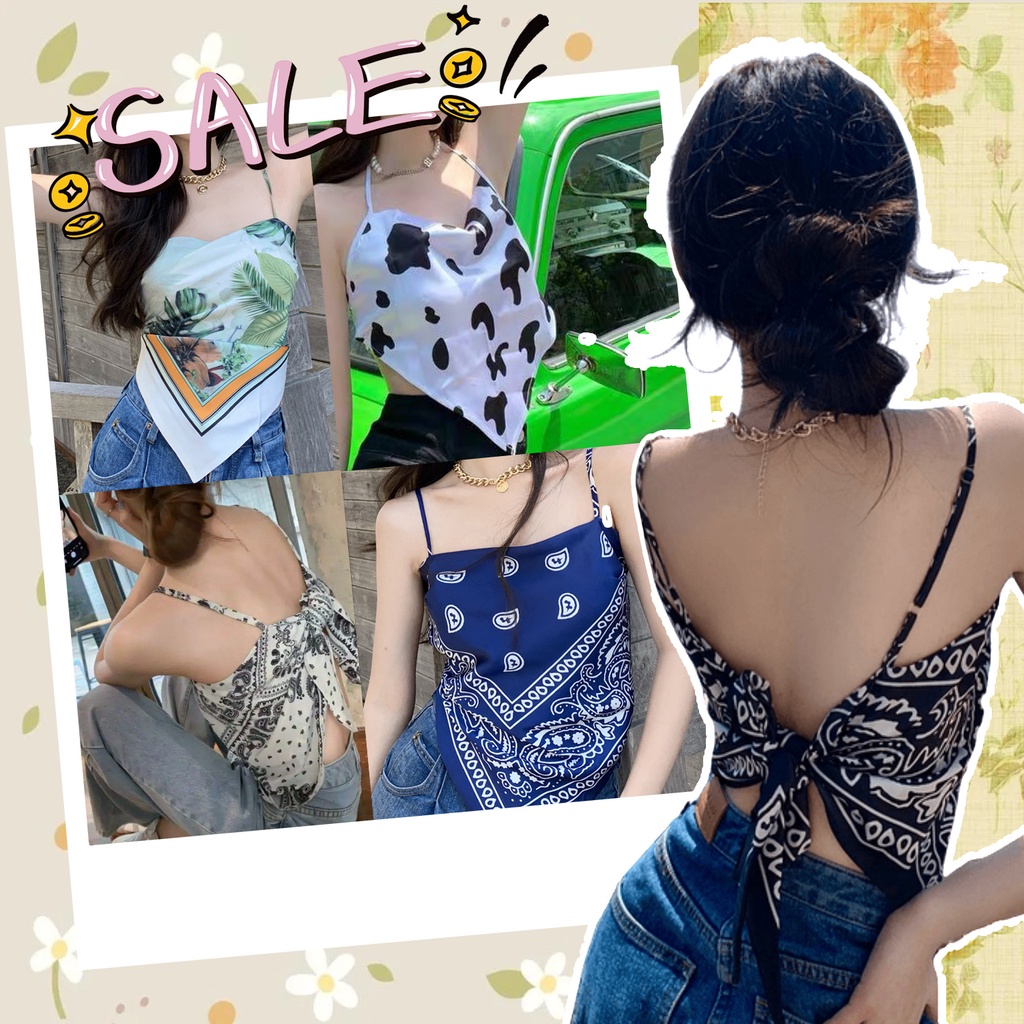 A039 Yếm lụa có mút ngực buộc lưng quyến rũ đi biển Áo 2 dây đồ ngủ hở lưng vai nữ tính quyến rũ