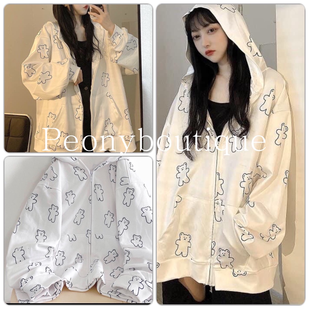 Áo Khoác Trắng Icon Gấu PEONYB Nữ [FREESHIP]  Jacket nỉ có mũ, hoodie zip form rộng tay bồng cá tính Ulzzang