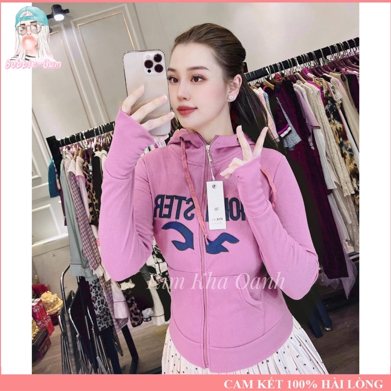 Áo Khoác Nữ Thêu Chữ Holis Chất Liệu Thun Gân Tay Xỏ Ngón 4 Túi Freesize Dưới 60kg Bubble Gum