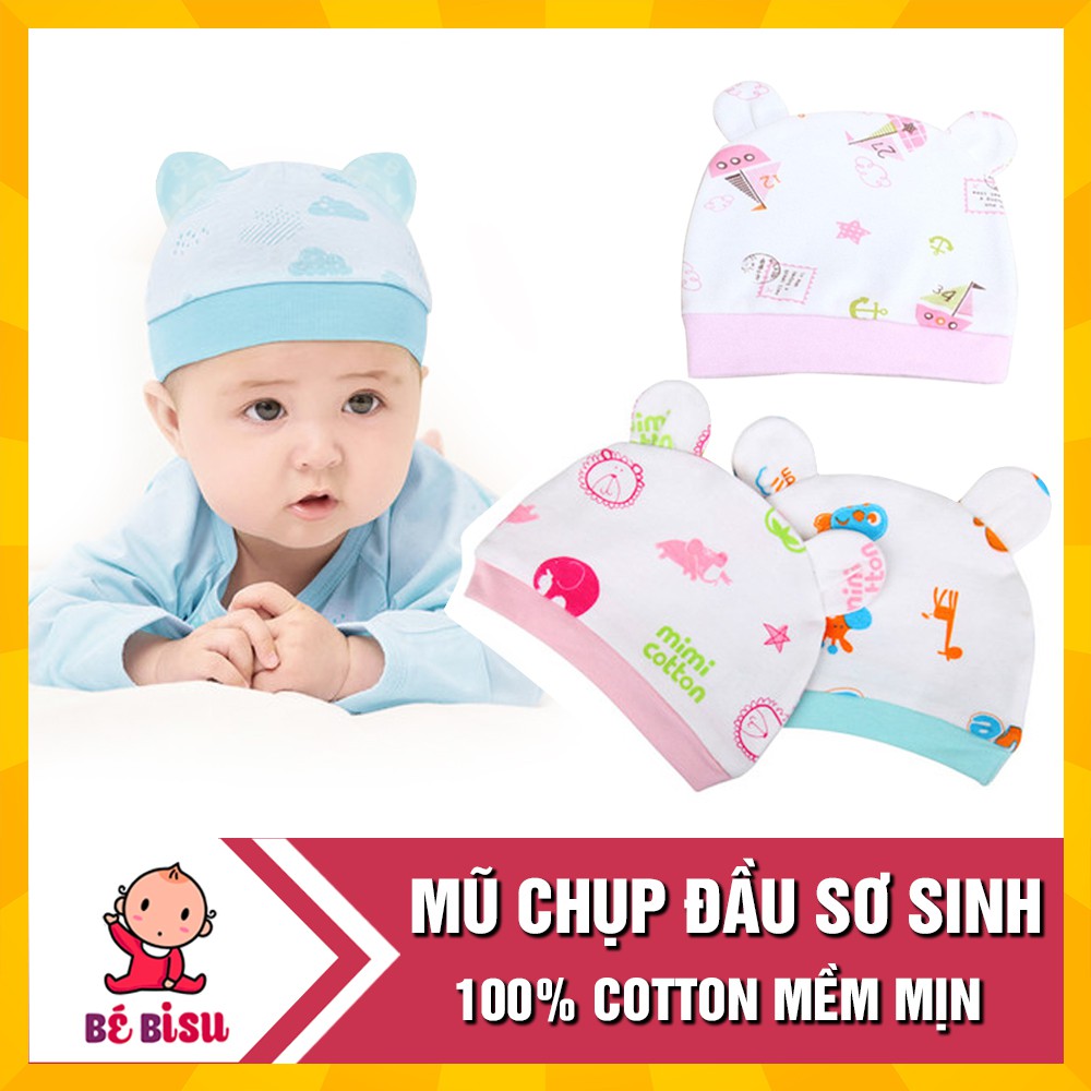 Mũ sơ sinh cotton có tai loại chụp dày dặn cho bé