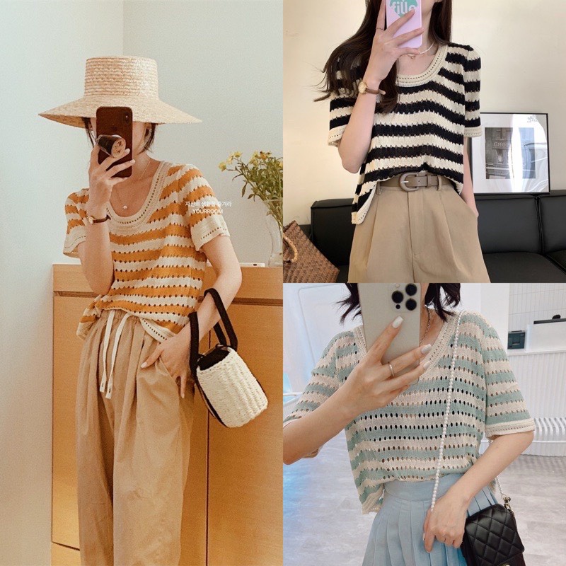 Áo Len Mongtoghi Kẻ Sọc Tay Ngắn Len Quảng Châu Hottrend
