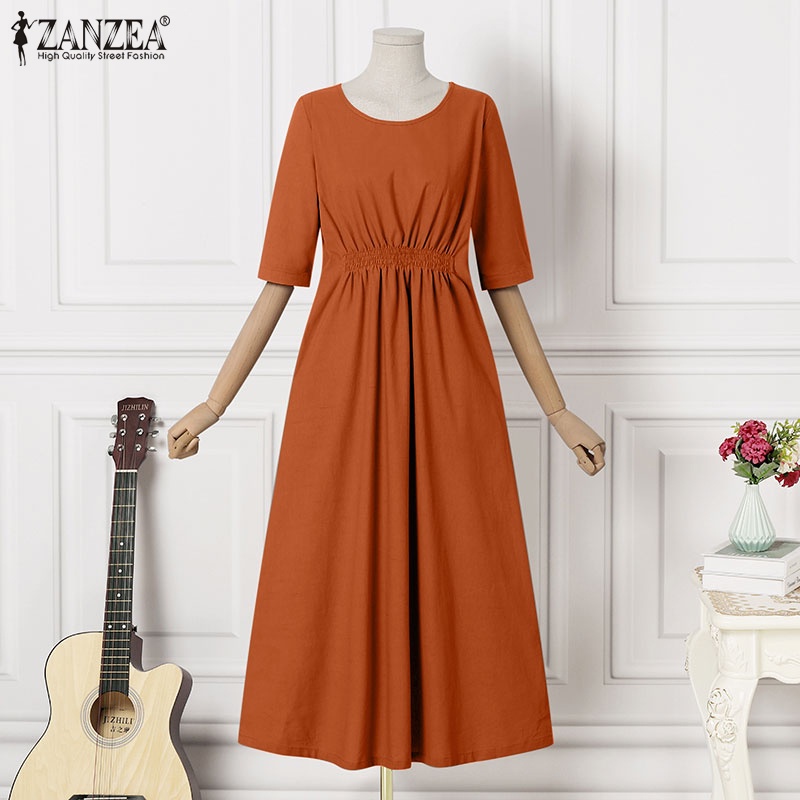Zanzea Đầm Tay Lửng Cổ Tròn Màu Trơn Dáng Rộng Phối Túi Thời Trang Dành Cho Nữ