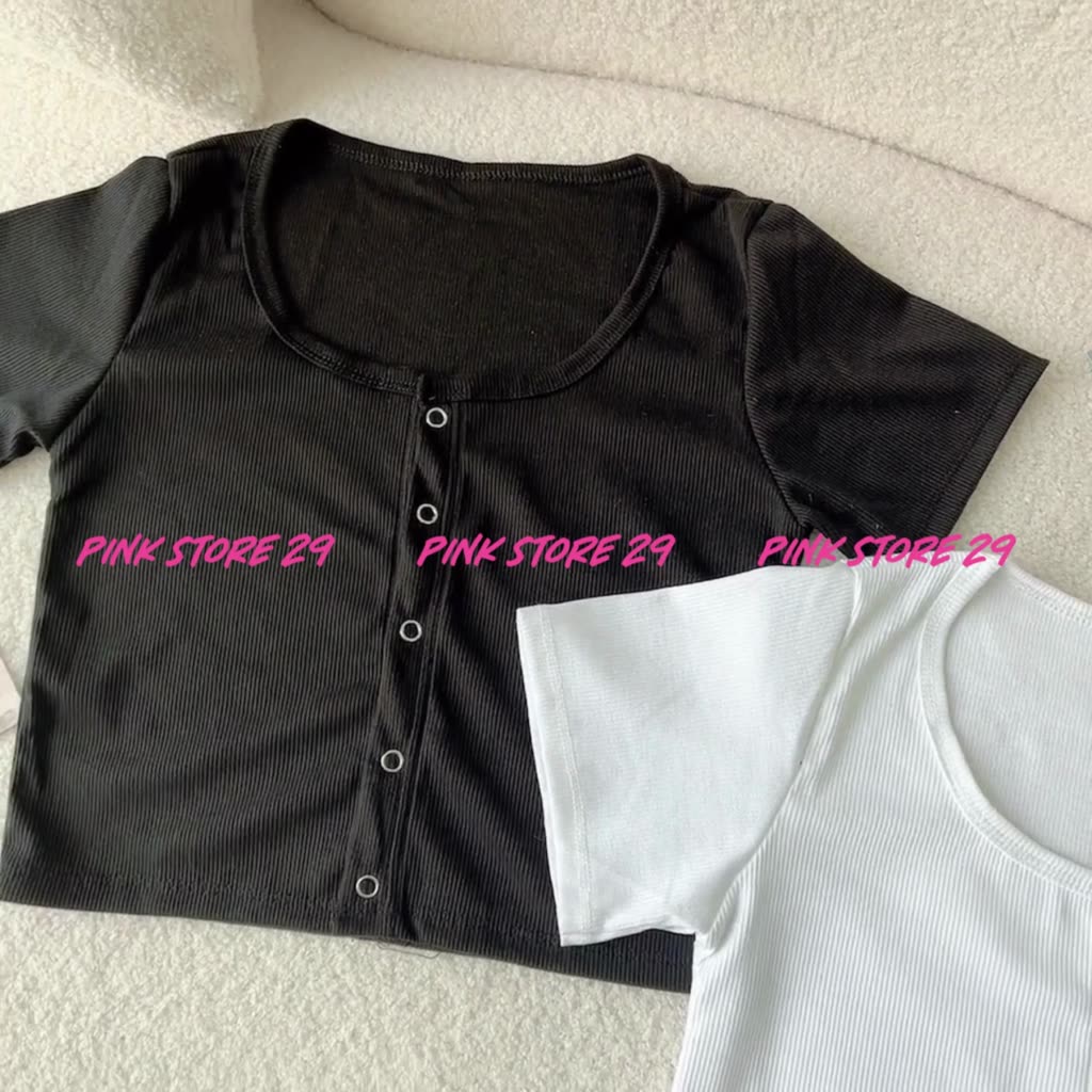 [Mã TOPS06 giảm đến 10k đơn 99k] Áo croptop tay ngắn PINKSTORE29 kiểu cúc bấm cổ tròn, dáng ôm body A5214 | BigBuy360 - bigbuy360.vn