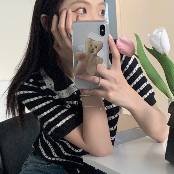 Áo croptop ZHELIHANGFEI dệt kim cổ polo tay ngắn kẻ sọc thiết kế trẻ trung cá tính dành cho nữ