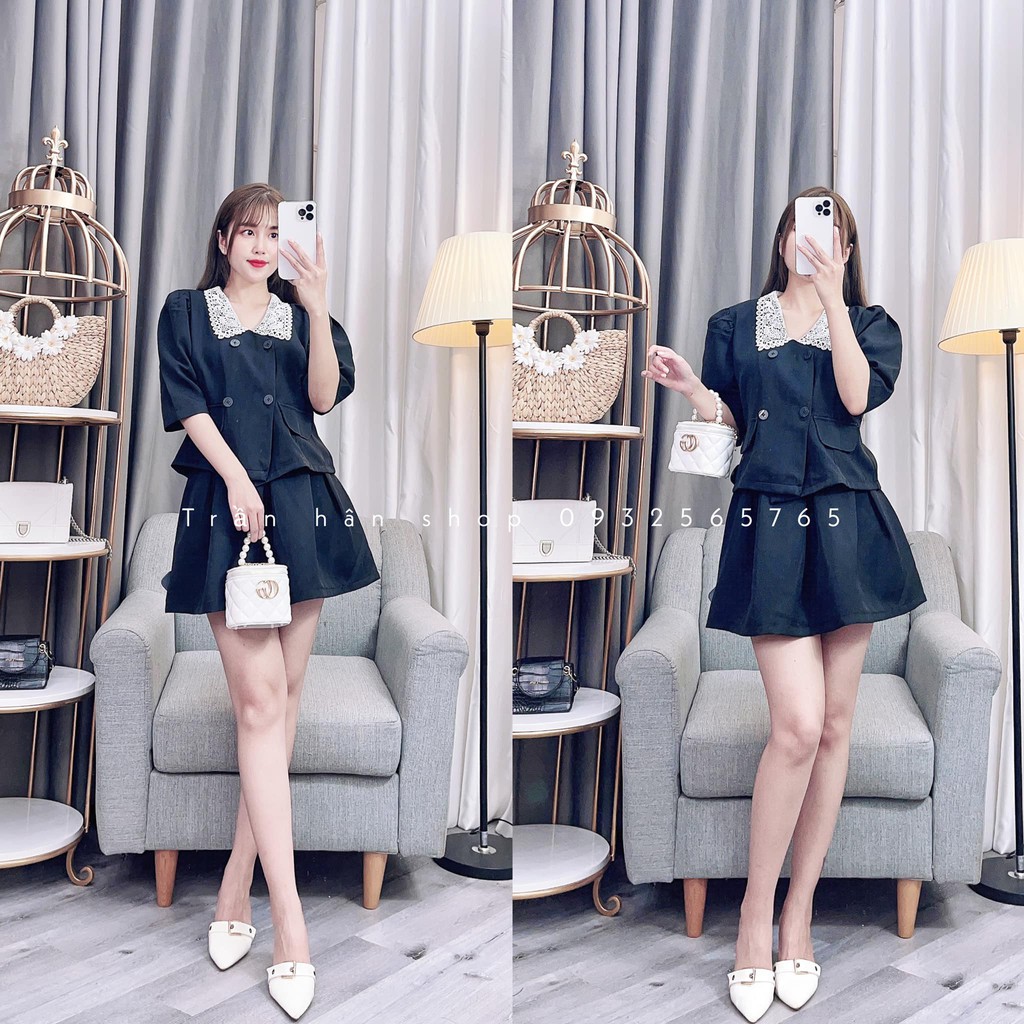 set bộ nữ áo vest cổ ren gài nút túi nắp kèm cv xếp ly siêu nhẹ nhàng💟MS:4011379