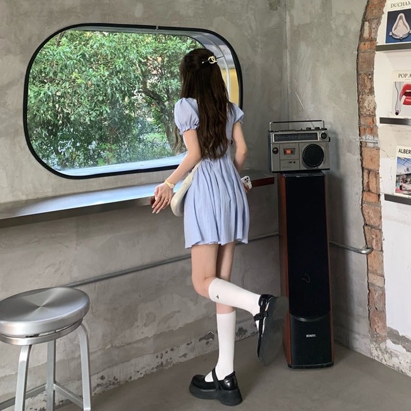 Đầm Tay Phồng Ngắn Eo Co Giãn Màu Trắng Xanh Dương Phong Cách Mori Thời Trang Mùa Hè Mới Cho Nữ