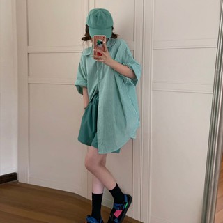 Áo sơ mi ngắn tay sọc xanh lá cây