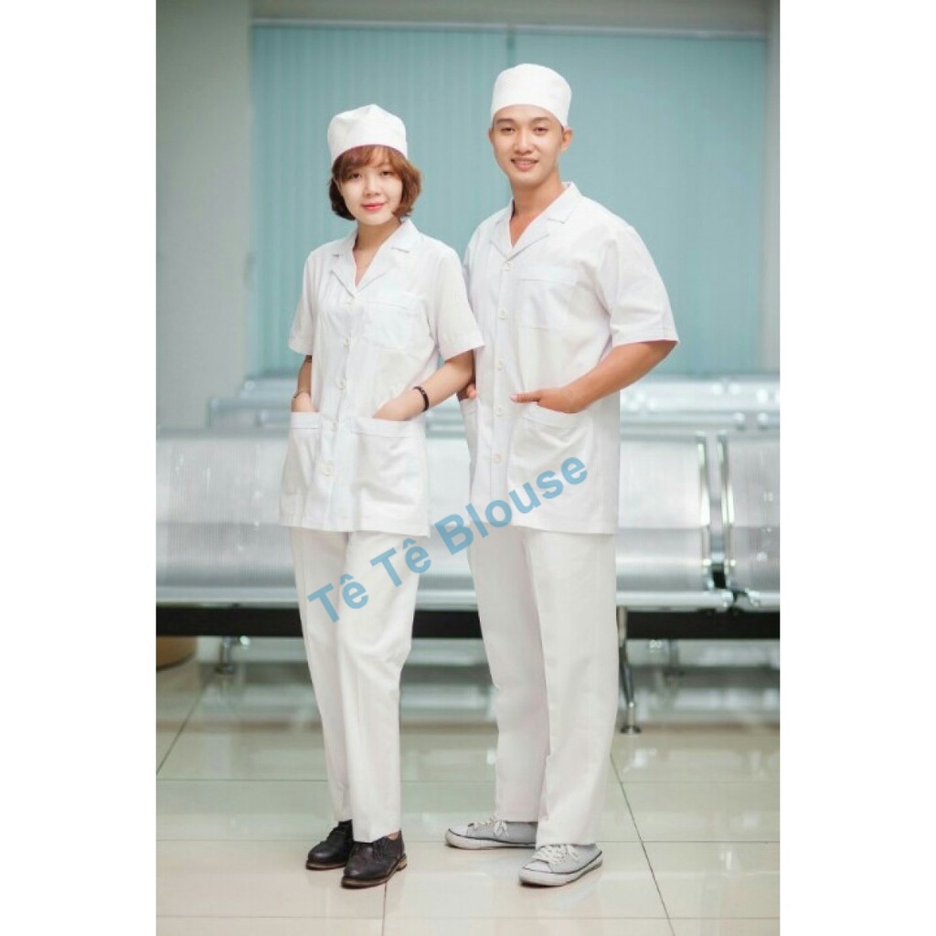 Bộ Quần Áo Blouse CỘC TAY, Dáng Dài Ngang Mông NAM NỮ Cho Điều Dưỡng, Y tá ,Dược Sĩ, Vải Lon Nhật Và Thô Cotton