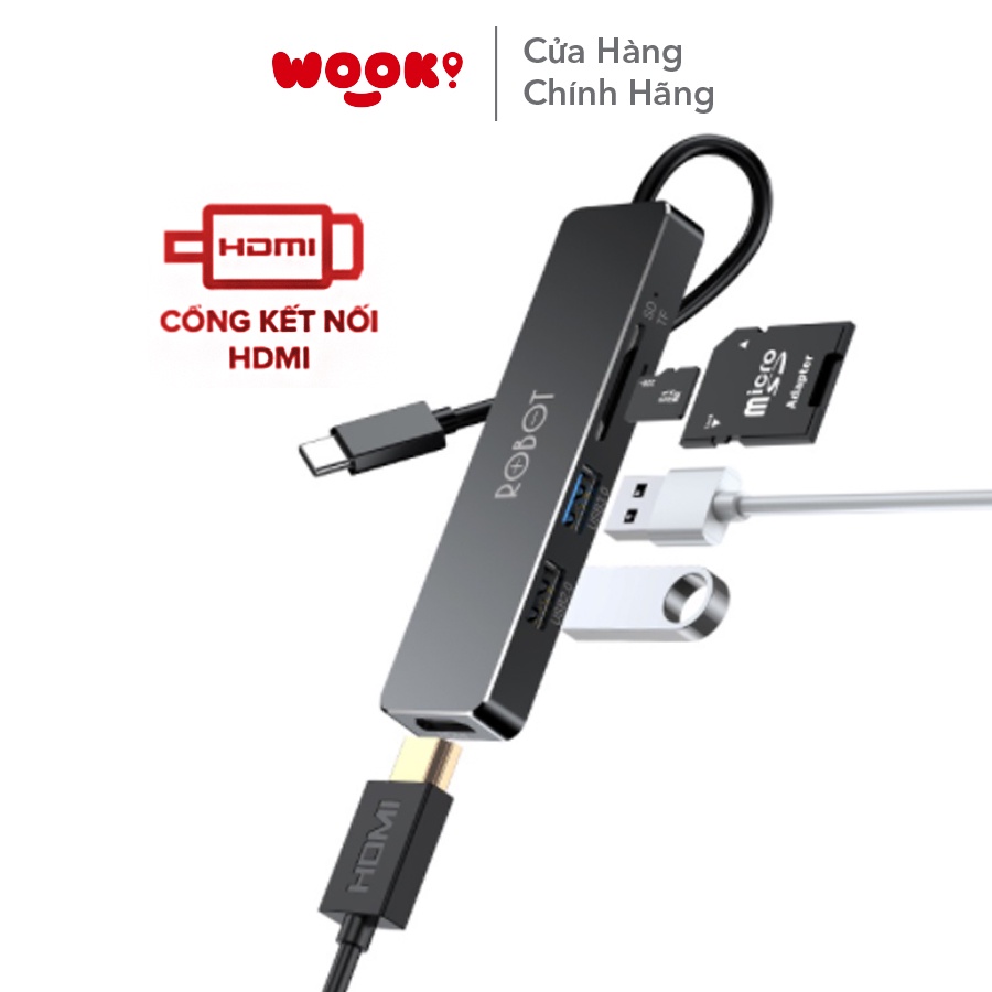 HUB USB-C Chuyển Đổi Đa Năng 5 In 1 ROBOT HT240S Type-C To USB 3.0/HDMI/PD/SD/TF