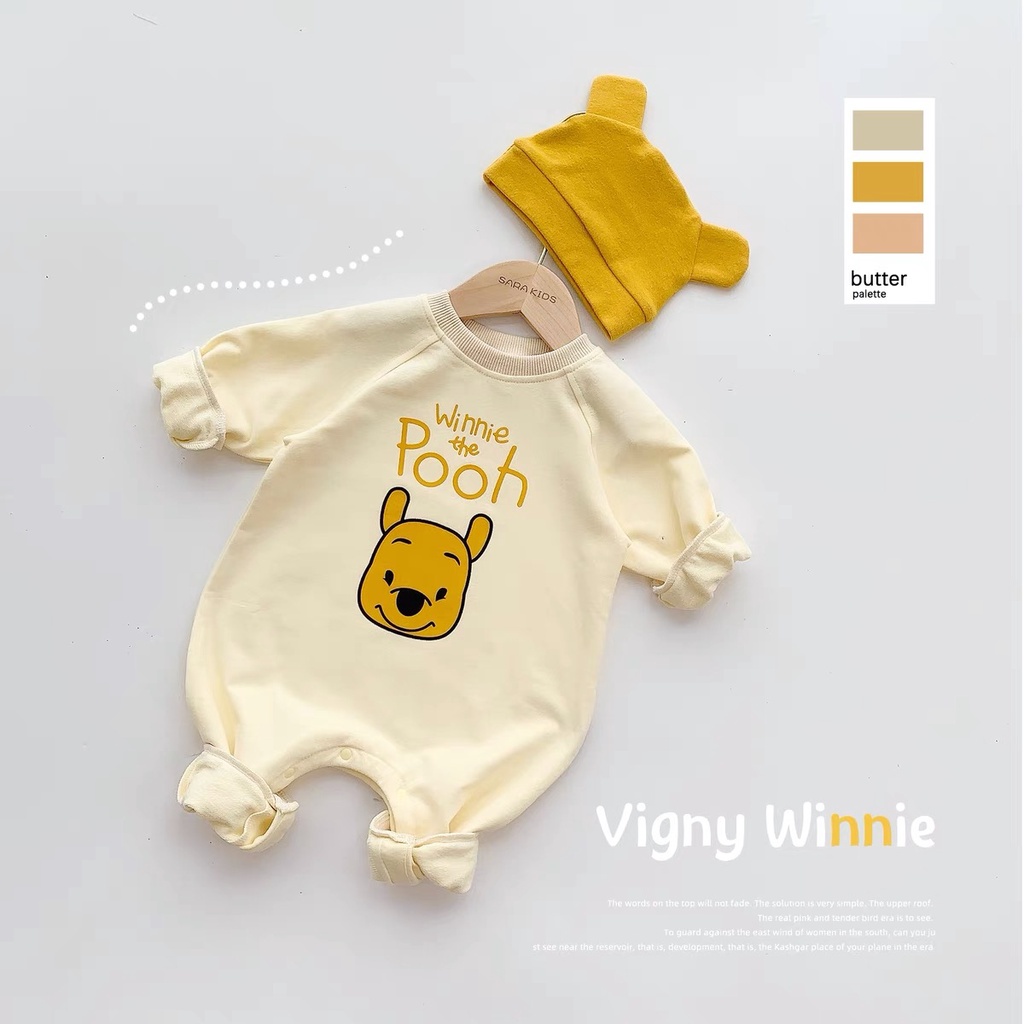 Áo liền quần dài tay + mũ in hoạt hình dễ thương dành cho bé sơ sinh