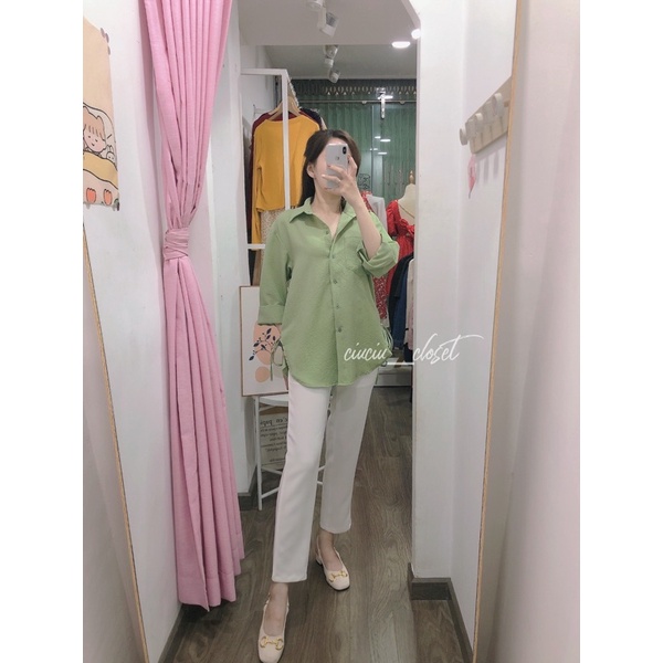 [Mã FAMARAL2 giảm 10k đơn 50k] Set Áo Sơ Mi Xanh Bơ Thắt Nơ Vạt Kèm Quần Baggy Trắng (Sẵn)