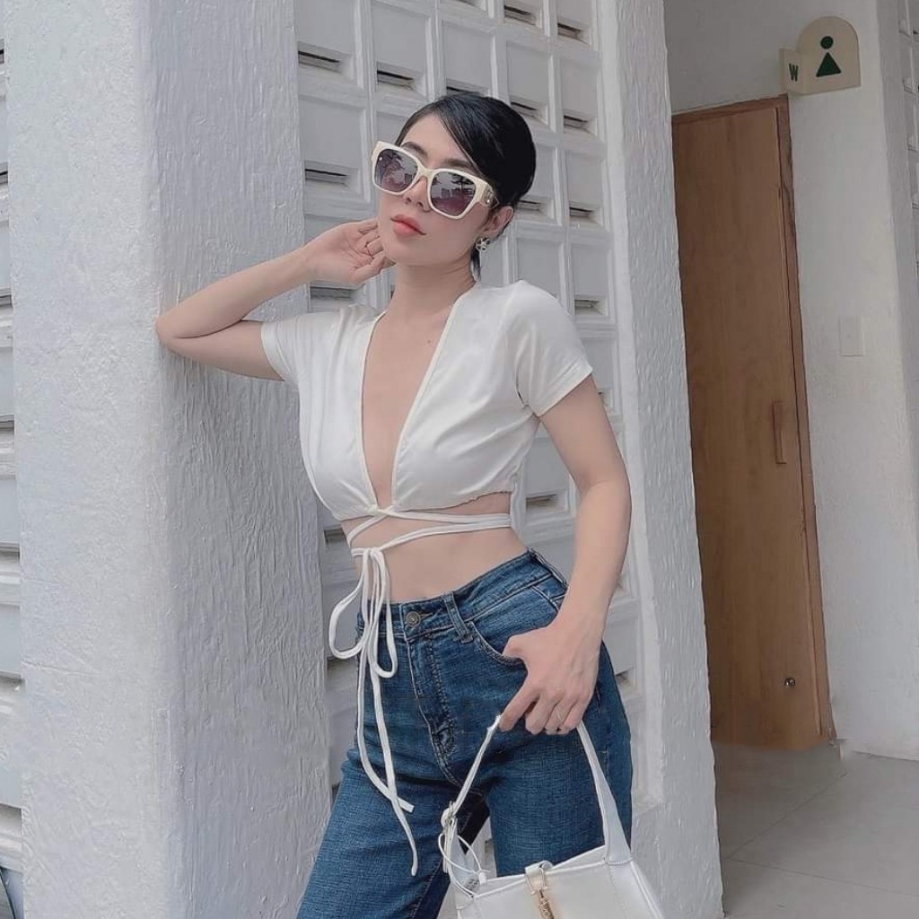 Áo Croptop Kiểu Hở Ngực Cột Dây Eo Big Size 80Kg Chất Thun Co Giãn Màu Trắng "V"