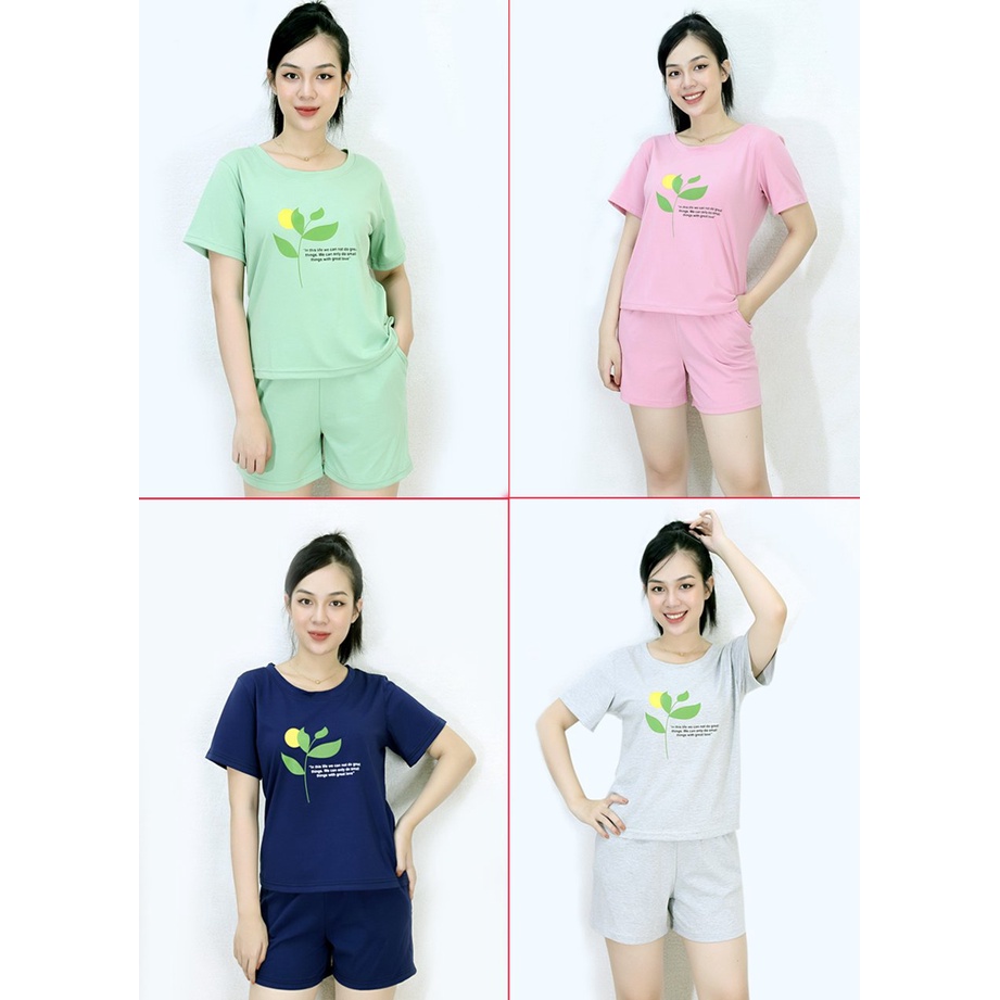 [HÌNH THẬT] Bộ đồ thun ngắn cổ tròn cực xinh có 4 màu xanh đen, xám, hồng, xanh đậu - Vải Cotton 65/35 Cao Cấp