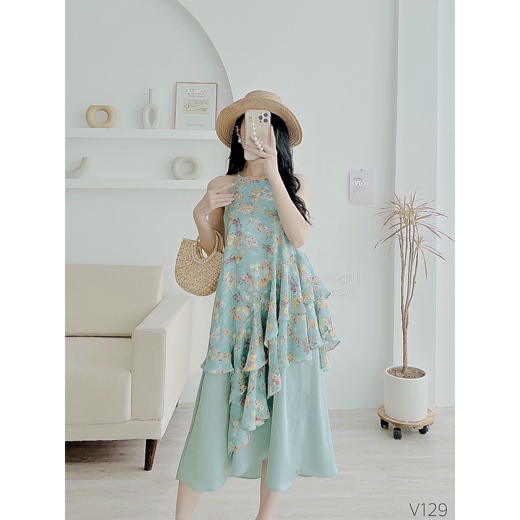 Váy hoa, váy yếm nữ TWINS STORE chất tơ hoa nổi, màu cực xinh - V129