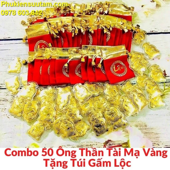 Combo 50 Ông Thần Tài Mạ Vàng Tặng Túi Gấm Lộc, Chất liệu Nhung, nhựa arylic, Màu vàng - SP005491