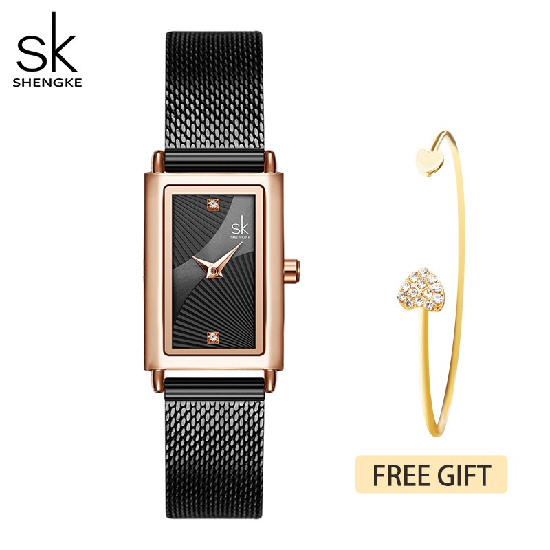 Đồng Hồ Đeo Tay Shengke Thạch Anh Mặt Hình Chữ Nhật Màu Vàng Dây Đeo Bằng Thép Không Gỉ Sang Trọng Dành Cho Nữ