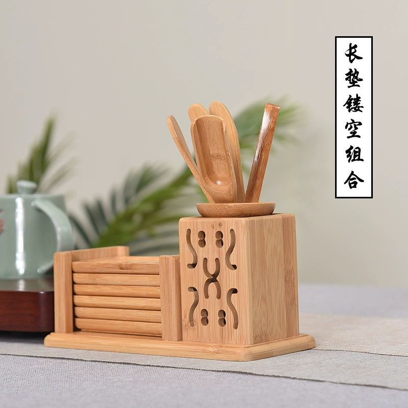 Combo bộ dụng cụ pha trà,6 miếng lót ly chén kèm hộp đựng chất liệu gỗ tre sang trọng