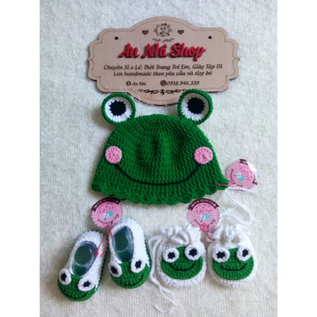 Set 3 món Giày nón ếch len móc cho bé gái