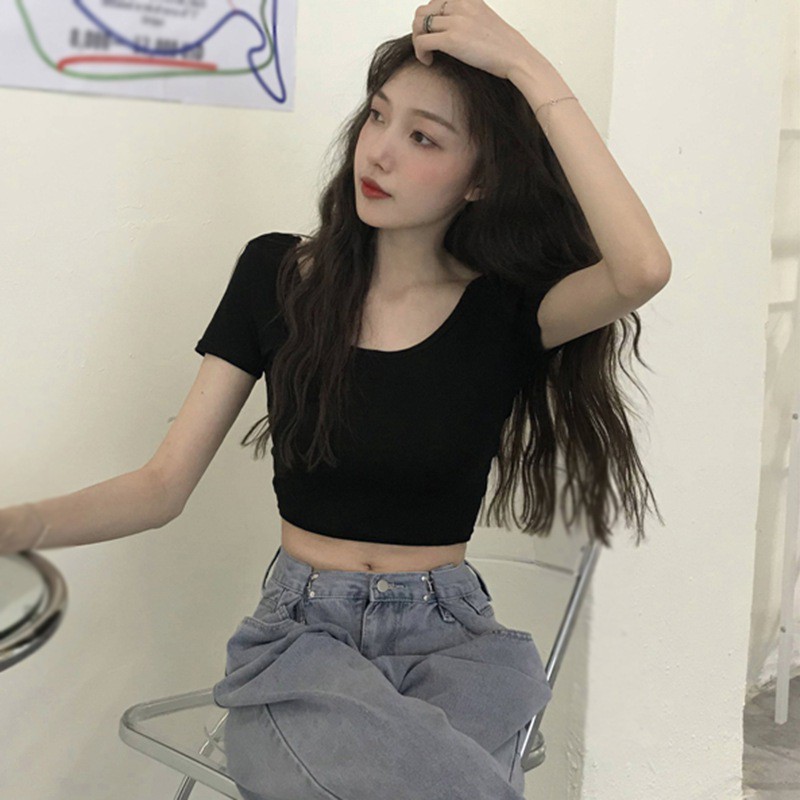 Áo thun croptop tay ngắn hở lưng ôm dáng vừa vặn mẫu 2021 thời trang dành cho nữ