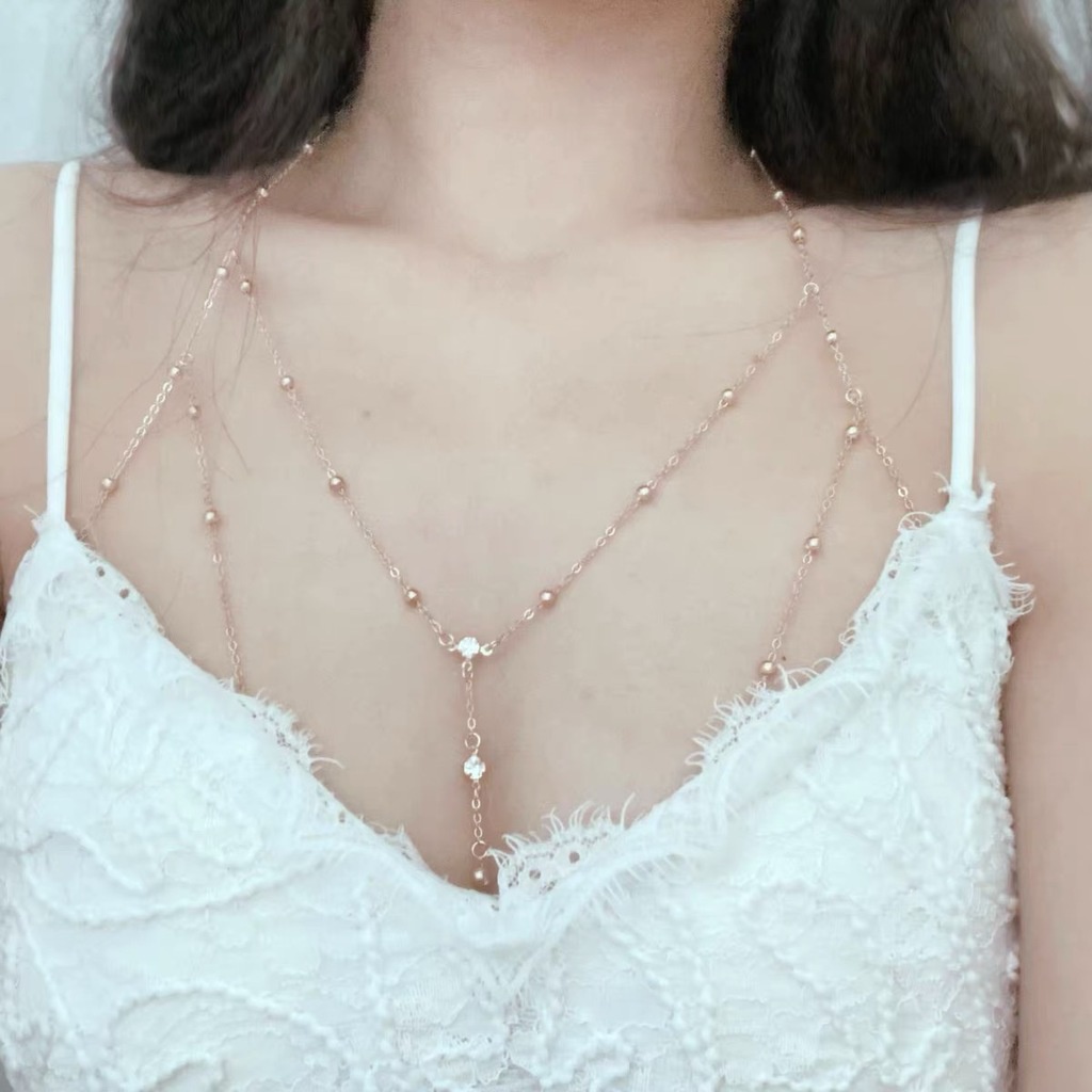Dây chuyền đeo ngực 19A1630 bằng kim loại phối kim cương lấp lánh thời trang Hàn Quốc đơn giản sang trọng
