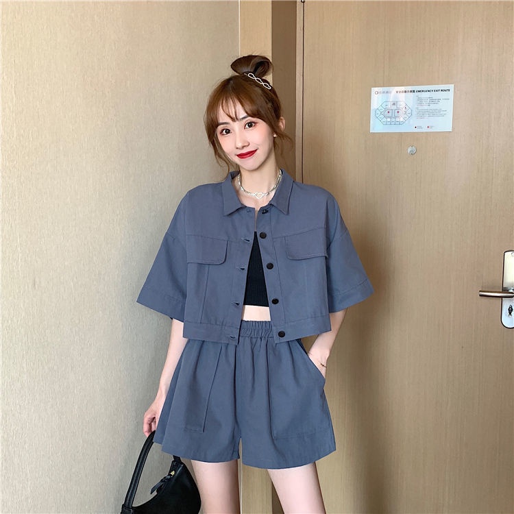 Set Áo Thun Tay Ngắn + Quần Short Ống Rộng Phong Cách Hàn Quốc Thời Trang Mùa Hè Cho Nữ